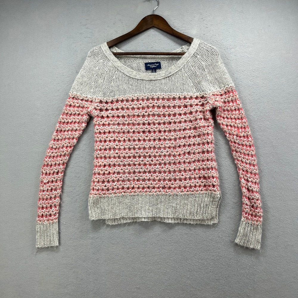 American Eagle Sweater Womens S/P Gray Pink Striped Open Knit Mohair Boho